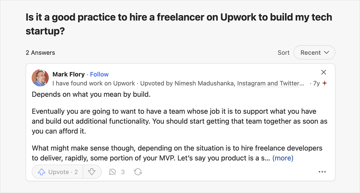 Hiring a freelancer on Upwork - Quora comment