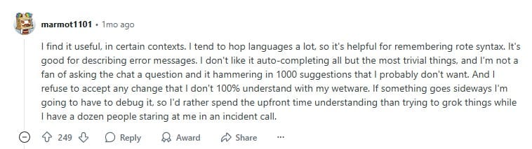 Comment about AI usefulness when working with multiple languages and interpreting