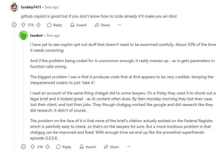 Comment on Reddit: GitHub Copilot risks for coders without experience