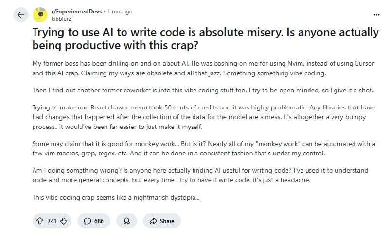 Reddit thread: frustration with using AI to write code