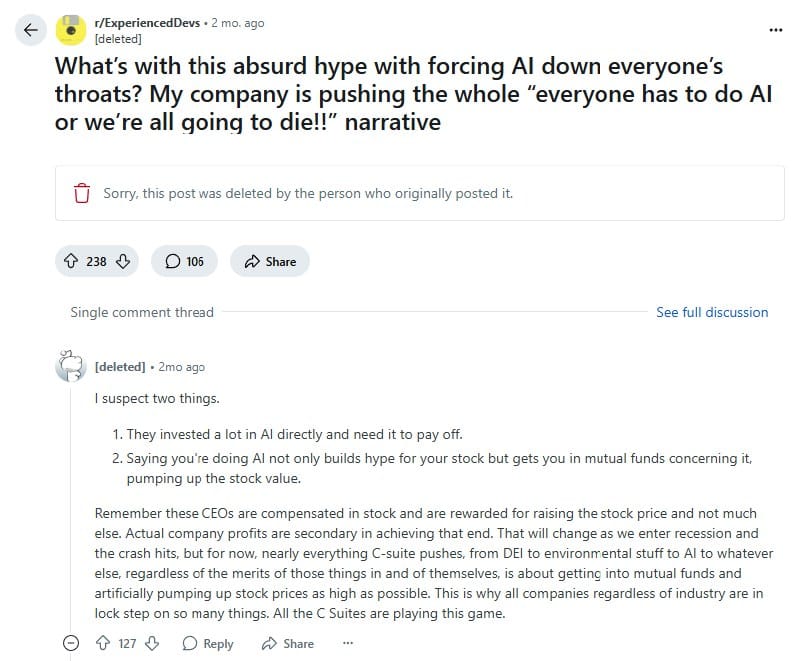 Reddit thread about AI hype in companies
