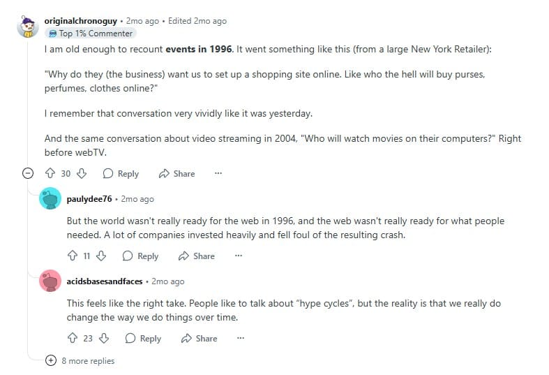 Reddit users recalling tech hype cycles in 1996