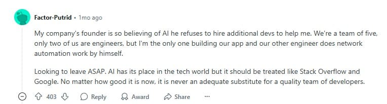 Reddit post criticizing AI replacing engineers