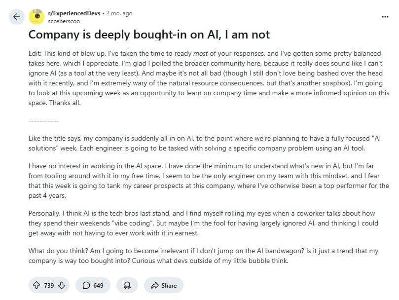 Reddit post about pressure to use AI tools
