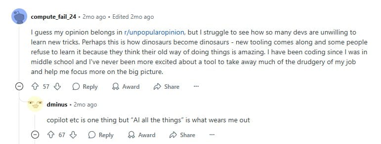Reddit user supporting AI tools for coding