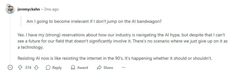 Reddit user warning about ignoring AI trends