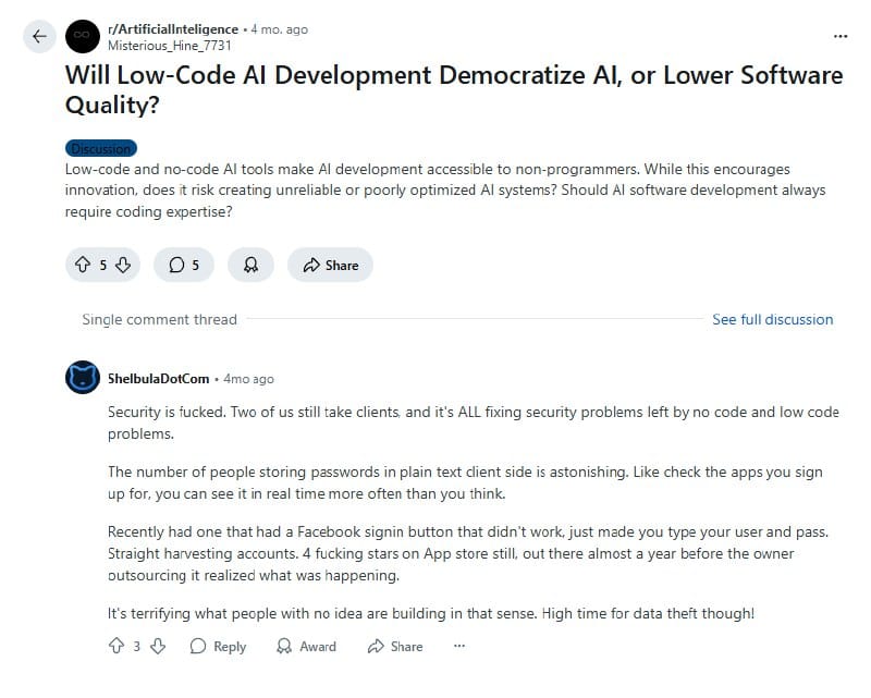 Reddit discussion: will low-code AI democratize AI or lower software quality?