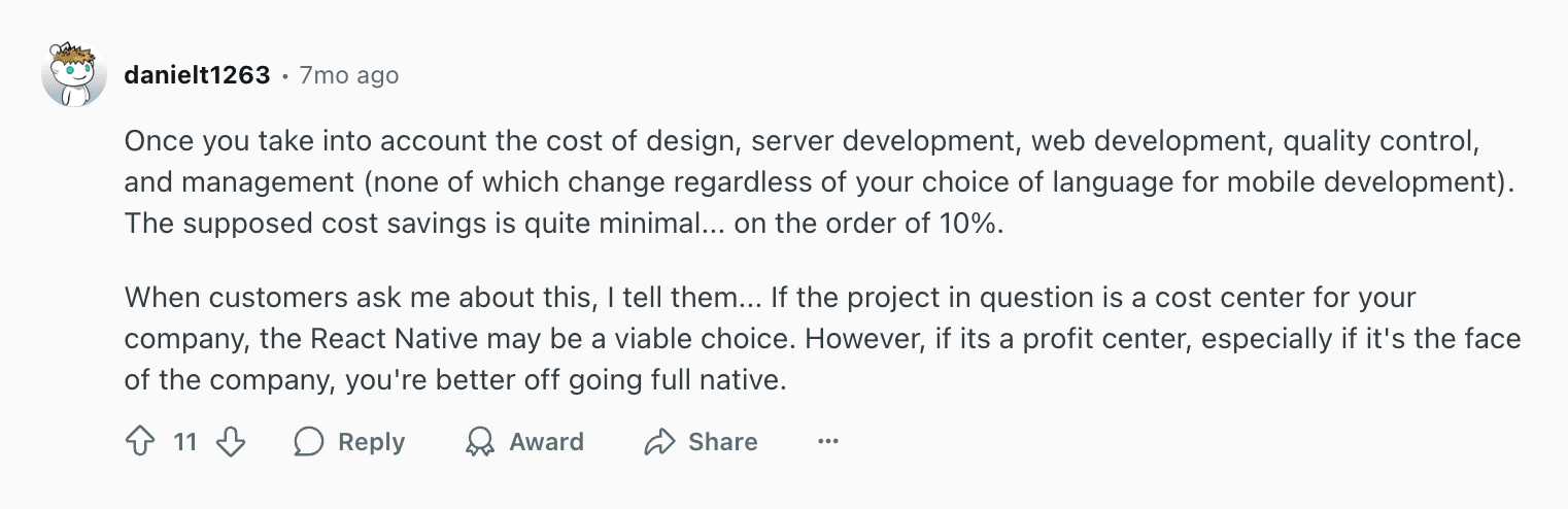 Reddit comment by danielt1263 about mobile app development cost