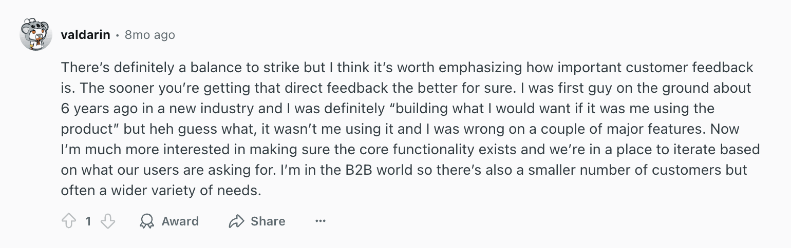 Reddit comment by valdarin about mobile app feedback