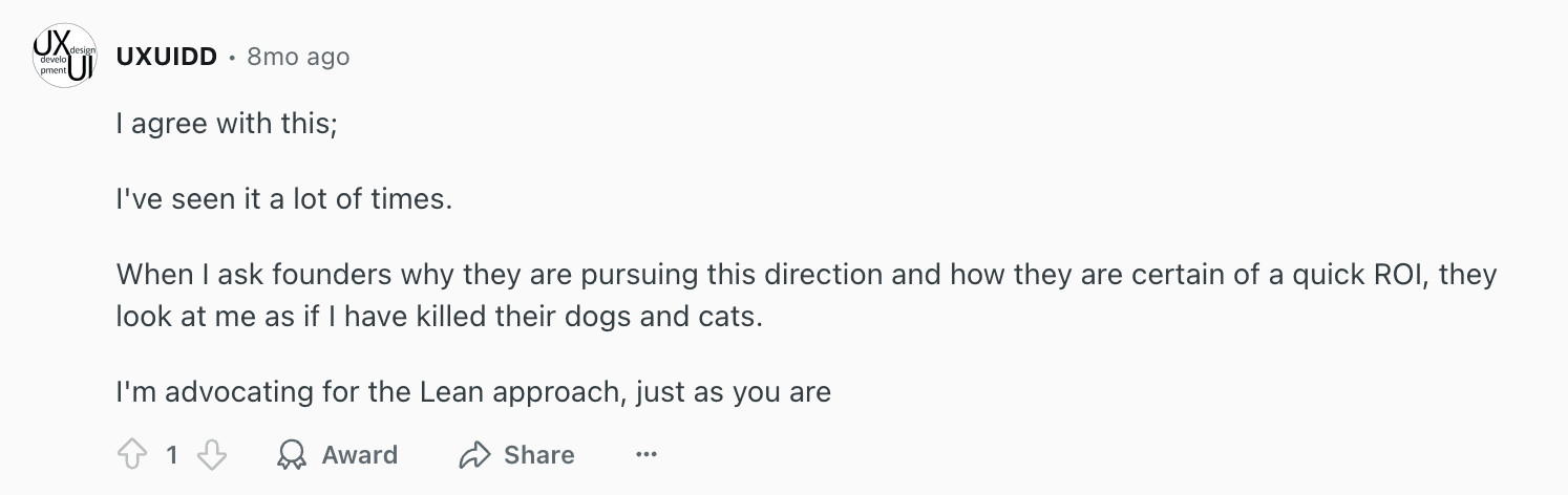 Reddit comment by UXUIDD about lean approach in mobile app development