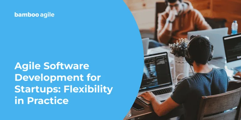 Banner: Developers working on laptops in a startup office, illustrating Agile software development
