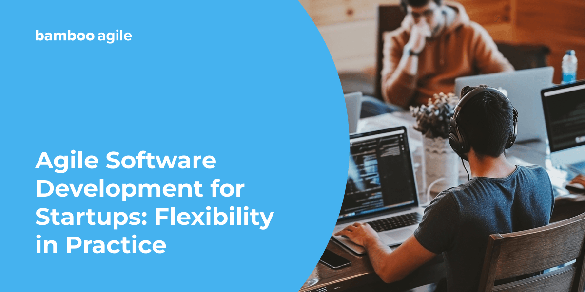 Banner: Developers working on laptops in a startup office, illustrating Agile software development