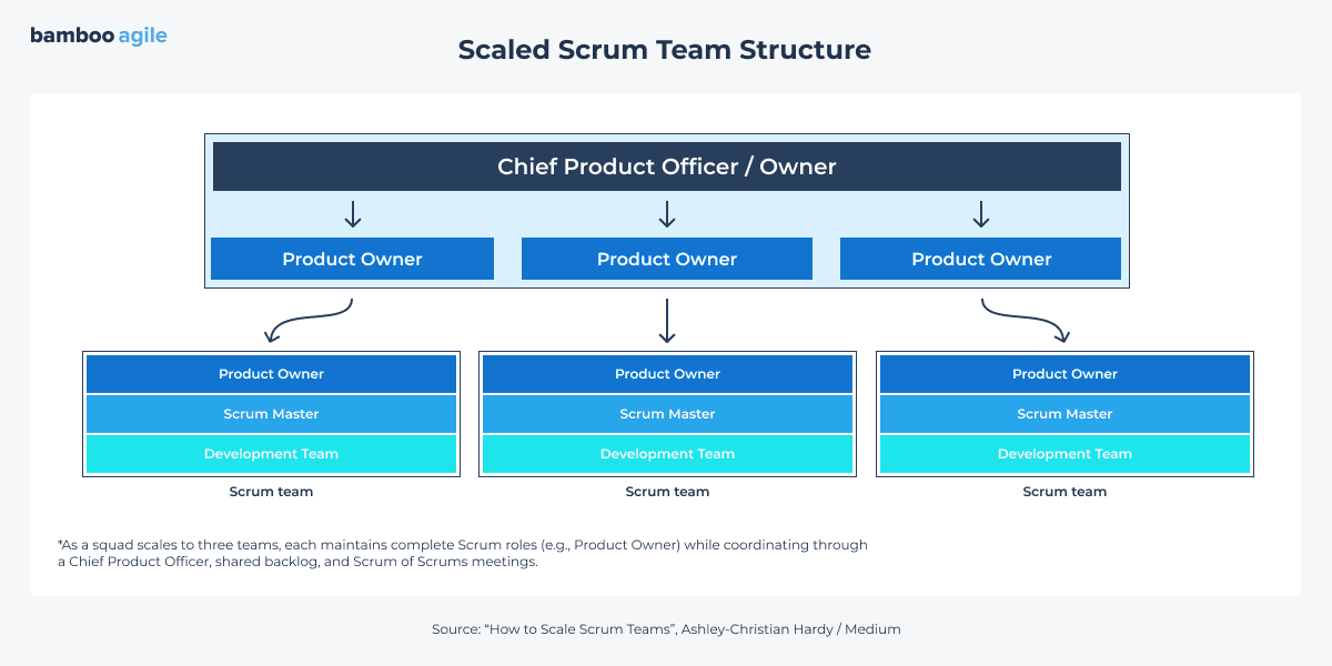 Diagram showing a scaled Scrum team structure with a Chief Product Officer overseeing multiple Scrum teams