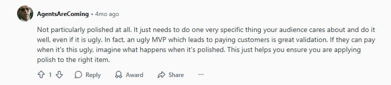 Screenshot of a Reddit comment discussing how an MVP doesn’t need to be polished, emphasizing validation through customer interest, even with an imperfect product