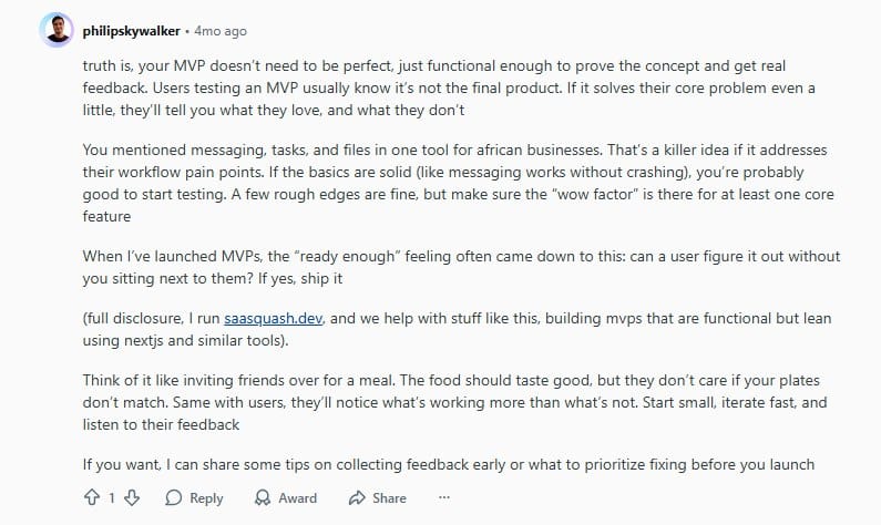 Screenshot of a Reddit comment explaining that an MVP should be functional enough to test ideas and gather feedback, focusing on user experience and iteration