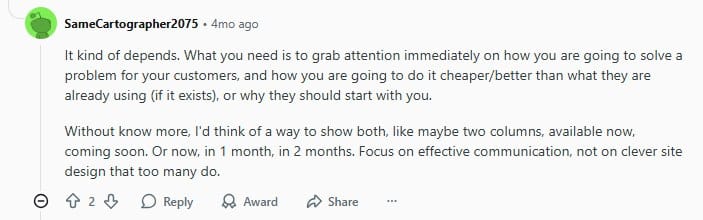 Screenshot of a Reddit comment advising to focus on clear communication and value proposition when presenting a product