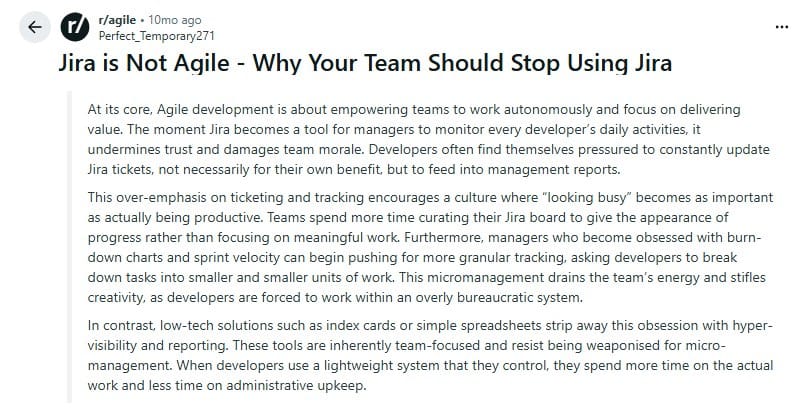 Screenshot of a Reddit post titled “Jira is Not Agile – Why Your Team Should Stop Using Jira” 