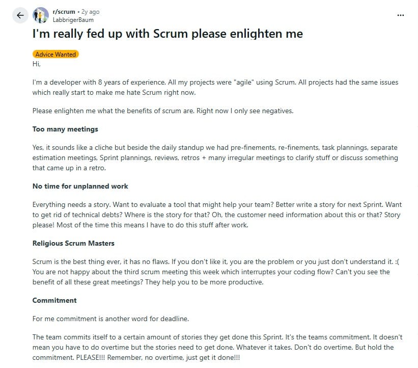 Screenshot of a Reddit post where a developer discusses frustrations with Scrum