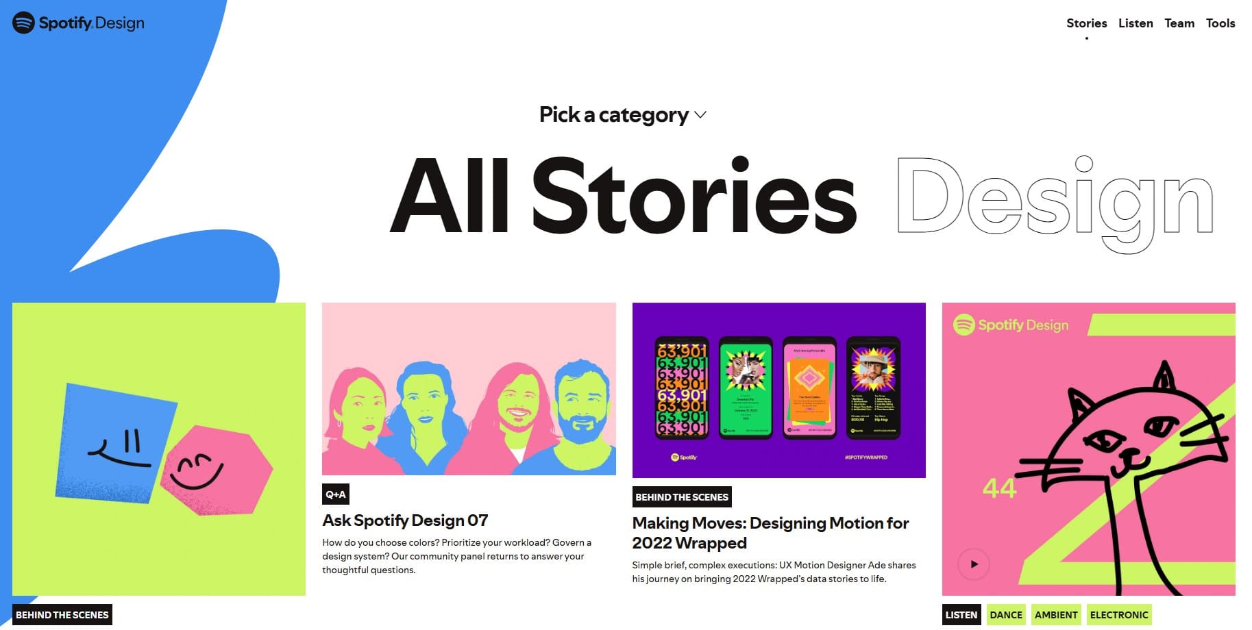 Spotify Design webpage featuring the “All Stories” section with illustrations and design articles