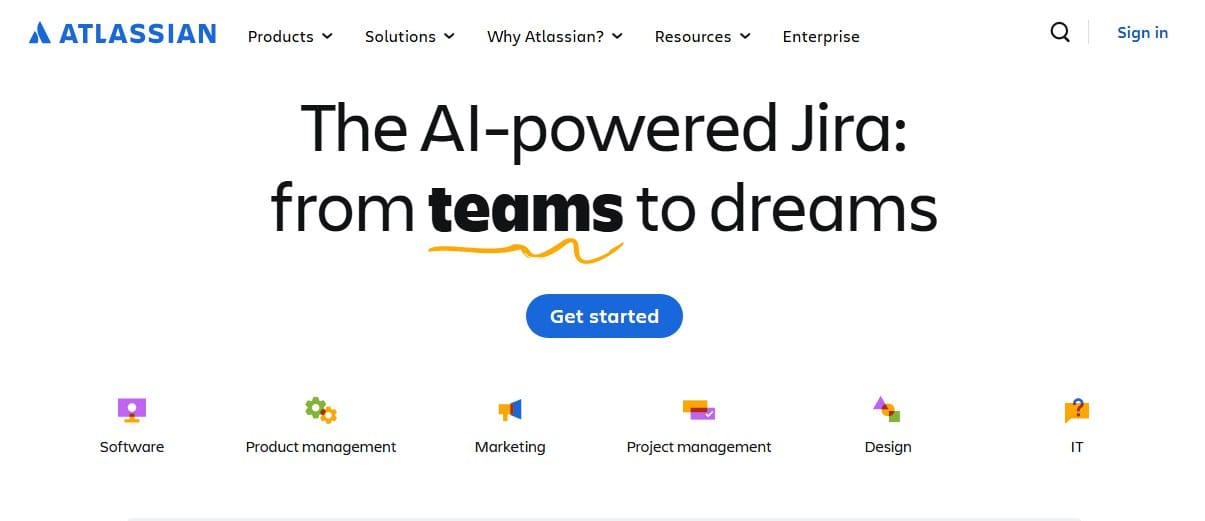 Atlassian homepage promoting AI-powered Jira