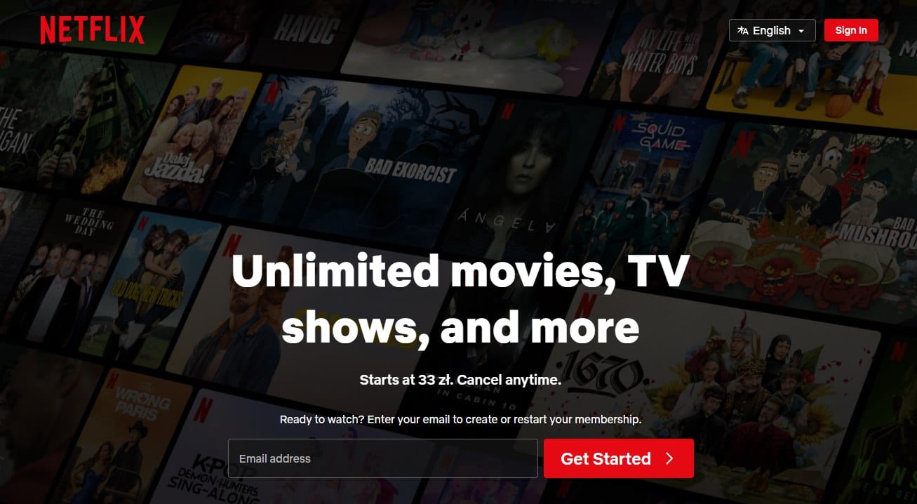 Netflix homepage promoting movies and TV shows with a “Get Started” button and background of popular titles